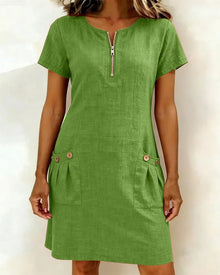 Krystan – Kurzärmeliges Utility Kleid Mit Reißverschluss Vorne – Grün