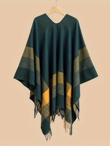 Kyrine - Poncho Schal Mit Fransen Und Geometrischem Muster – Dunkelgrün