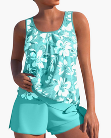 Damen Stilvolles Floral Tankini Set | Zweifarbig – Aqua Blau