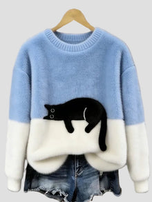 Luna | Damenpullover mit Katzenmotiv – Hellblau
