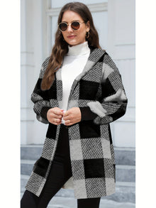 Lässiger hooded karierten Fleece-Strickwaren-Cardigan für Damen | Perfekt für Lässige Tage – Schwarz
