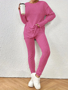 Lässiges Langarm-Crewneck-Oberteil Und High-Waist-Skinny-Hosen-Set Für Damen | Ideal für Outdoor-Aktivitäten – Rosa