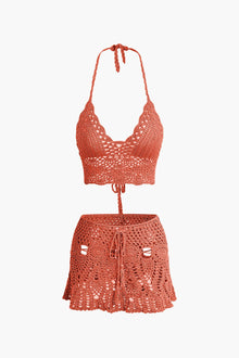Marina | Häkel-Zweiteiler mit Crop-Top & Minirock – Orange-Rosa