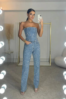 Eleganter Trägerloser Jumpsuit Damen Festlich aus Glänzendem Stretch-Stoff mit Glitzerdetails für Besondere Anlässe – Denim