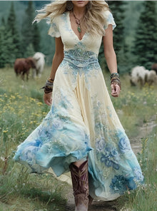 Erica - Stilvolles Maxikleid mit Blumenmuster für Damen – Hellblau