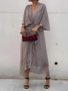 Astrid | Zeitlose Wrap Midi-Kleid – Grå (Næsten udsolgt)