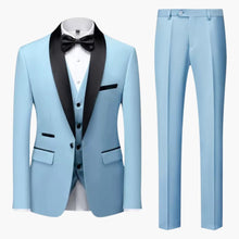 Herren Anzug dreiteilig mit rotem Besatz und Schalkragen – Himmelblau / 3 Pcs Satz