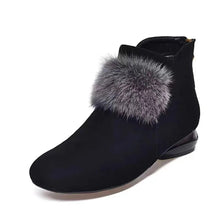 Damen Ankle Boots – Elegante Stiefeletten mit Kunstfellbesatz und Flachem Absatz – Schwarz