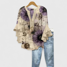 Viviane | Damen Blumen Rüschenärmel Casual Top – Beige