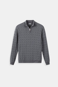 Eleganter Zopfstrickpullover mit Reißverschluss – Grau