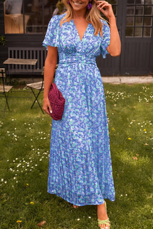Verspieltes Damenkleid mit Blumenprint – Maxi-Länge & Kurzarm – Blau