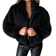 Elegante Teddyjacke mit Reißverschluss und Kragen für Damen – Schwarz