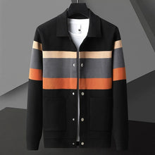 Cole | Herren Strickjacke Streifen Snap-Button Varsity Herbst – Schwarz-Orange