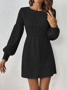 Casual Lochmuster Einfarbiges Strick Laternen Ärmel A-Linie Geraffte Taille Formelles Kleid Für Damen | Für formelle Anlässe – Schwarz