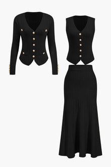Estelle | Strick-Set mit Blazer, Weste & Midirock – Schwarz