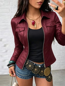 Shiona – Lederjacke Mit Vordertaschen – Burgunderrot