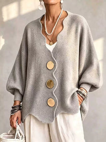 Gilian – Strickjacke Mit Knopfleiste Und Wellenrand – Grau