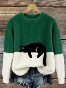 Aiste - Lässiger Pullover Mit Katzenmotiv – Grün