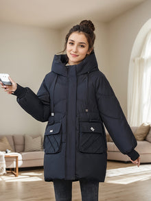 Lässiger Zip-Up Kapuzen Puffy Wintermantel für Damen | Ideal für Herbst/Winter – Schwarz