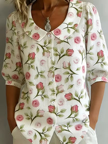 Alvique – Kurzarmbluse MIT Blumenmuster Am Kragen – Weiß