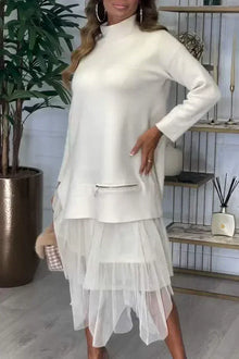 Kleid mit Rollkragen | Tüllrock | Layering-Design mit Reißverschlussdetail – Weiß