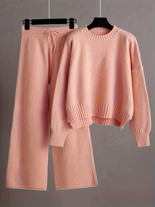 Bequemer Pullover In Einfarbigem Strick & Weitgeschnittene Jogginghose Für Damen | Ideal für Herbst/Winter – Pink