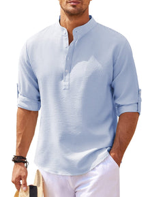 Michael - Legeres Sommerhemd ohne Kragen - Sommer-Chic – Blau