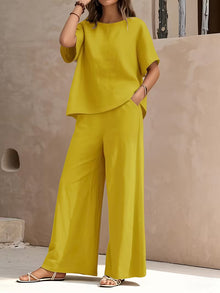 Josy – Set Aus Kurzärmeliger Bluse Und Hose mit Weitem Bein – Gelb