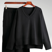 Zweiteiliges Loungewear-Set | V-Ausschnitt & Weite Hose | Bequemer Chic – Schwarz