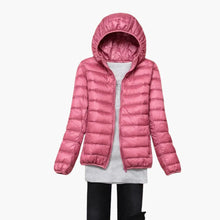 Ultraleichte Daunenjacke mit Kapuze für Damen – Leder rosa