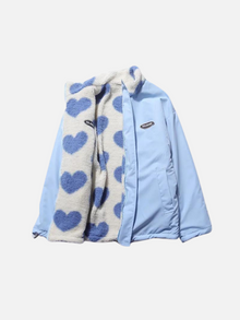 Verspielte Oversized Doppelseitige Herzmuster-Jacke – Blau