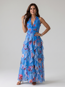 Nori | Halter Neck Rüschentop Floral Maxi Kleid – Blau