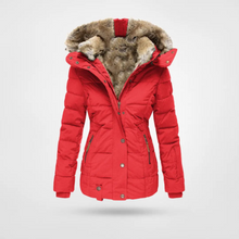 Jasmin | Damen Gepolsterte lange Winterjacke mit Kapuze – Rot