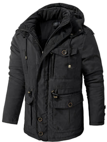 Warme Fleece Kapuzen Cargo Winterjacke | Perfekt für Outdoor-Aktivitäten – Schwarz