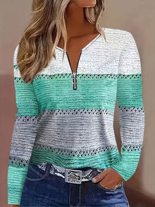 Ebru – Pullover MIT V-ausschnitt, Reißverschluss Und Geometrischem Muster – Hellgrün
