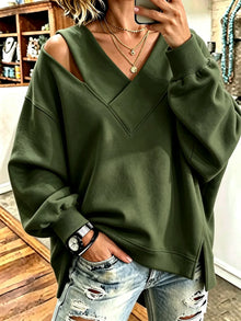 Kirstan – Schickes Oversize Sweatshirt Mit V-Ausschnitt Und Cut-out – Grün
