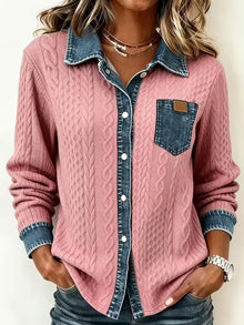 Eryna – Langärmliges Shirt mit Zopfmuster und Jeanskragen – Rosa