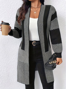 Zhamilya - Langer Geometrisch Gestrickter Strickjacke Mit Offener Vorderseite – Weiß