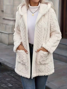 Elima - Doppelseitige Plüsch-Strickjacke MIT Kapuze Und Reißverschluss – Beige