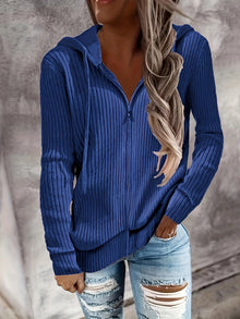 Bibigul - Locker Sitzende Langärmelige Strick Jacke Mit Kapuze Und Rippstrick – Blau