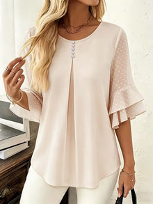 Hurley – Bluse Mit Rundhalsausschnitt Und Transparenten Rüschenärmeln – Aprikose