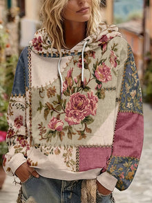Norella – Langärmliges Kapuzenshirt MIT Blumen-patchwork – Beige