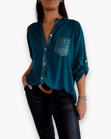 Damen Glitzer Pailletten Top | Festlich Elegant – Seeblau