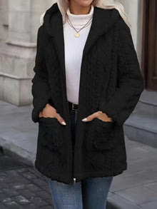 Elima - Doppelseitige Plüsch-Strickjacke MIT Kapuze Und Reißverschluss – Schwarz