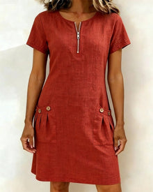 Krystan – Kurzärmeliges Utility Kleid Mit Reißverschluss Vorne – Rot