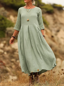 Noellaa – Bequemes Plissee-Kleid aus Baumwolle Und Leinen – Grün