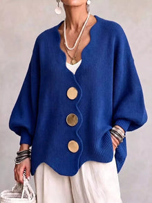 Gilian – Strickjacke Mit Knopfleiste Und Wellenrand – Blau