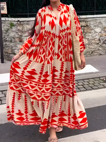 Vallerie - Einzigartiges Druck Maxikleid mit Knöpfen – Rot