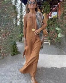 Lena | Fließendes Leinenkleid – Braun