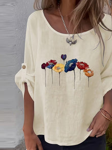 Sheril – Lockeres Oberteil mit Rollkragen und Ärmeln im Blumenmuster – Beige
